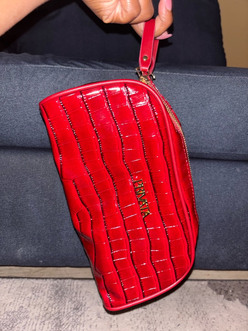 Privata Red Croc-Embossed Patent Cosmetic Case with Gold Logo